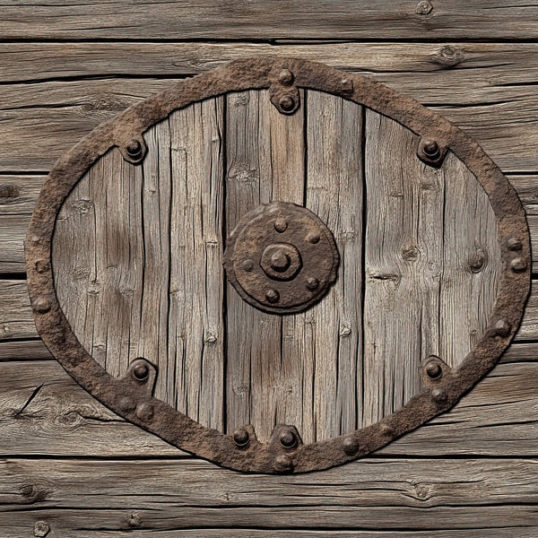 weathered wood, rustic shield, medieval armor, brown tones, tan colors, aged timber, viking shield, warrior equipment, metal studs, iron reinforcements, wooden planks, battle gear, historical weaponry, antiqued finish, earthy palette, combat shield, norse design, leather trim, oval shape