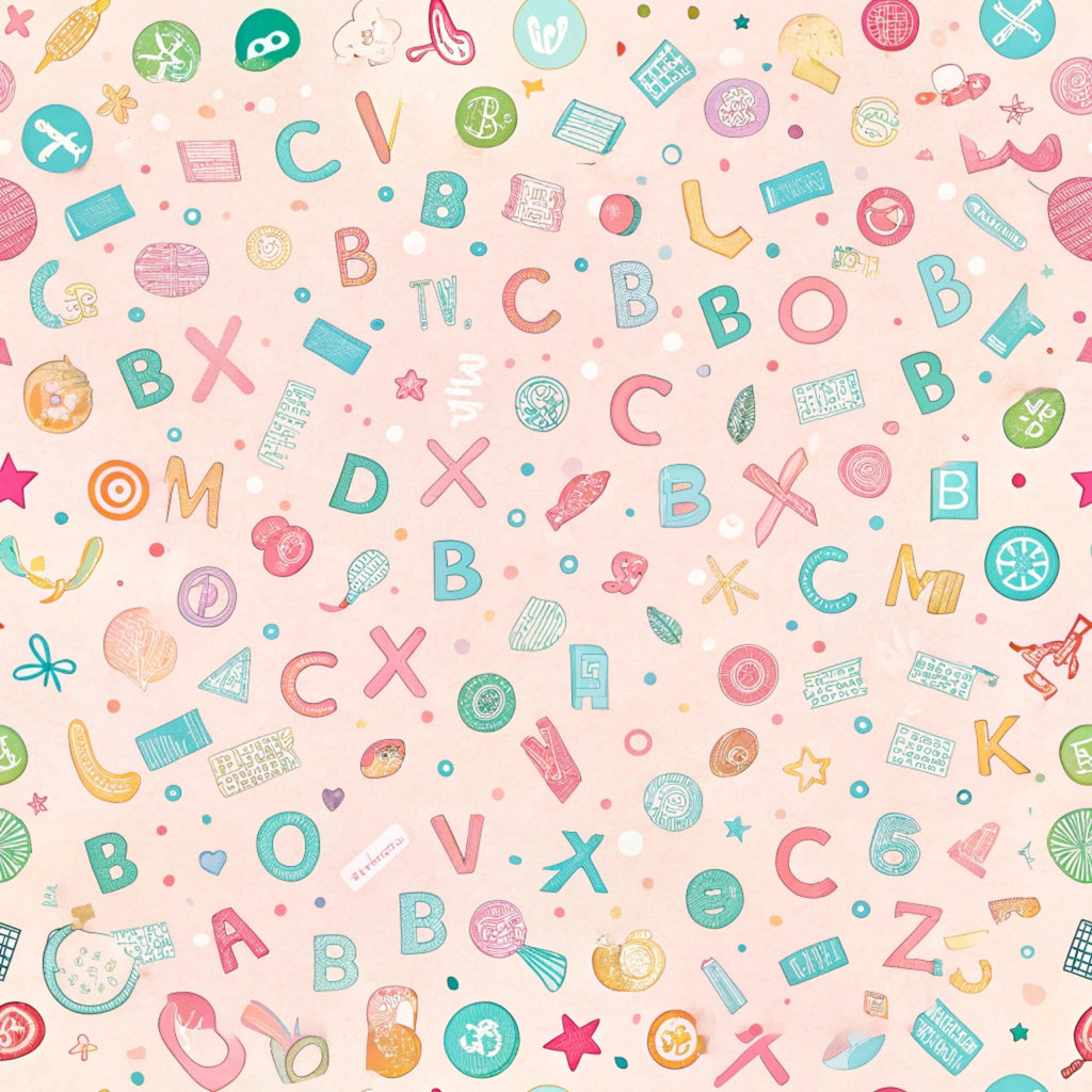 pink background, teal accents, coral pink, yellow highlights, letters and numbers, school supplies, educational theme, scattered pattern, playful design, children's fabric,, back to school, geometric shapes, colorful icons, whimsical style, crafting supplies, alphabet motif, academic elements, cotton panel, bright colors