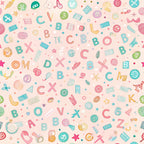pink background, teal accents, coral pink, yellow highlights, letters and numbers, school supplies, educational theme, scattered pattern, playful design, children's fabric,, back to school, geometric shapes, colorful icons, whimsical style, crafting supplies, alphabet motif, academic elements, cotton panel, bright colors