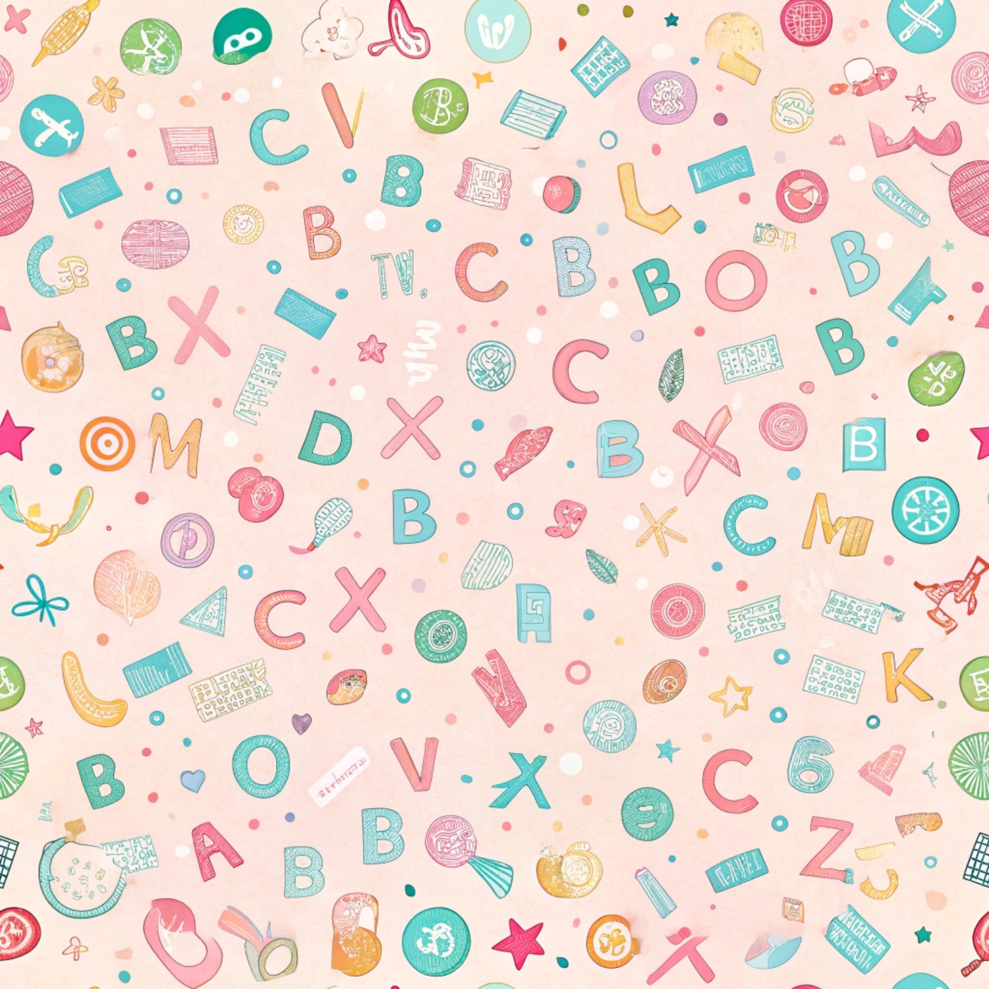 pink background, teal accents, coral pink, yellow highlights, letters and numbers, school supplies, educational theme, scattered pattern, playful design, children's fabric,, back to school, geometric shapes, colorful icons, whimsical style, crafting supplies, alphabet motif, academic elements, cotton panel, bright colors