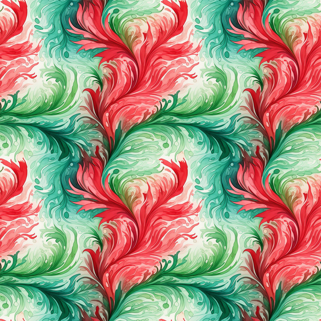 watercolor, christmas swirls, red, green, coral pink, mint green, emerald, flowing patterns, decorative swirls, festive motifs, holiday design, artistic brushstrokes, fluid movement, organic curves,, fabric panel, seamless repeat, winter theme, elegant scrollwork, botanical flourishes