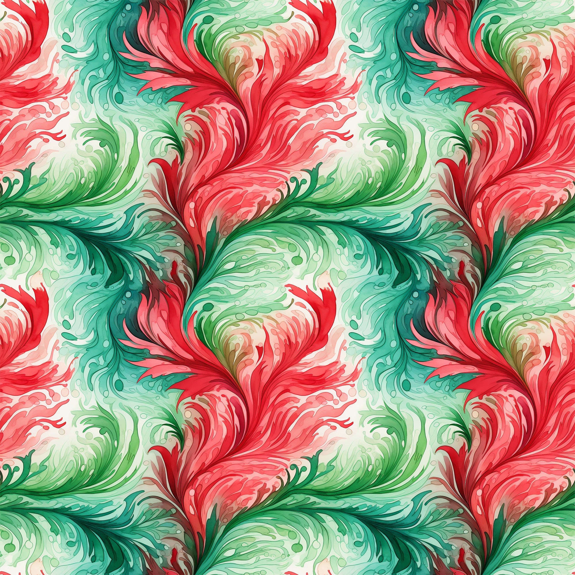 watercolor, christmas swirls, red, green, coral pink, mint green, emerald, flowing patterns, decorative swirls, festive motifs, holiday design, artistic brushstrokes, fluid movement, organic curves,, fabric panel, seamless repeat, winter theme, elegant scrollwork, botanical flourishes