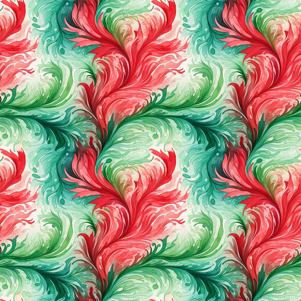 watercolor, christmas swirls, red, green, coral pink, mint green, emerald, flowing patterns, decorative swirls, festive motifs, holiday design, artistic brushstrokes, fluid movement, organic curves,, fabric panel, seamless repeat, winter theme, elegant scrollwork, botanical flourishes