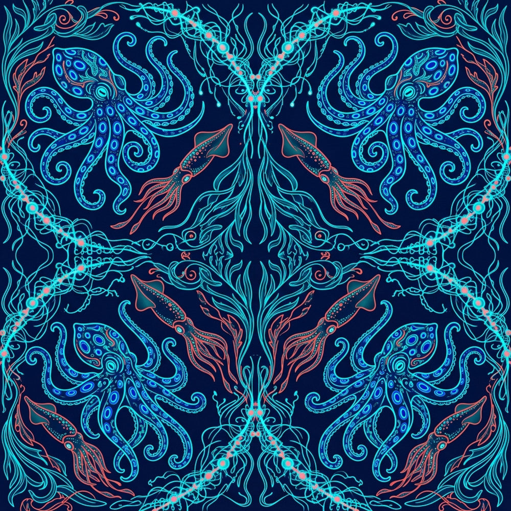 navy blue, cyan blue, neon blue, turquoise, coral, coral pink, orange-red, glow-in-the-dark, neon, bioluminescent, octopus, squid, tentacles, marine life, ocean, underwater, sea creatures, celestial, cosmic, mystical, bohemian, whimsical, psychedelic, modern, contemporary, abstract, dark academia, gothic, fantasy, surreal