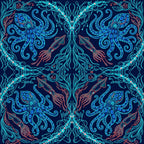 navy blue, cyan blue, neon blue, turquoise, coral, coral pink, orange-red, glow-in-the-dark, neon, bioluminescent, octopus, squid, tentacles, marine life, ocean, underwater, sea creatures, celestial, cosmic, mystical, bohemian, whimsical, psychedelic, modern, contemporary, abstract, dark academia, gothic, fantasy, surreal