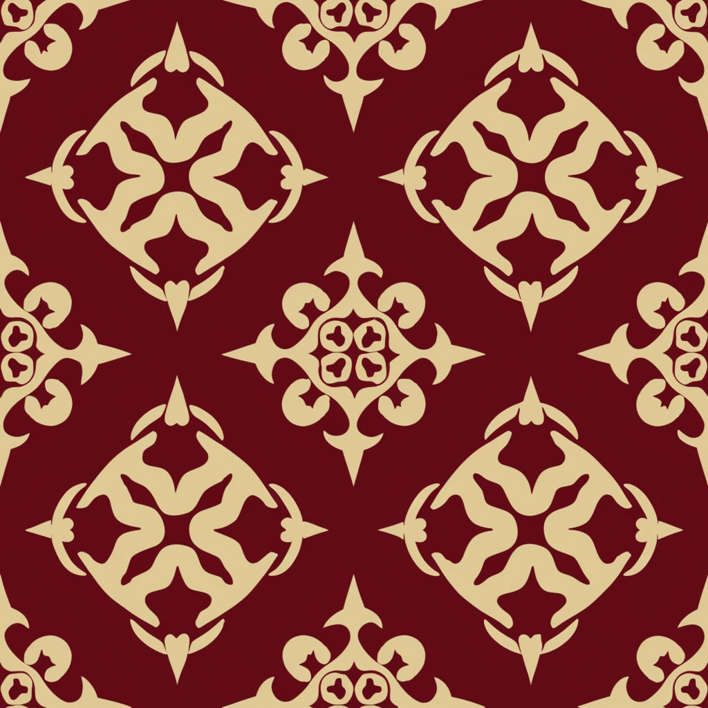 burgundy, cream, damask pattern, ornate motifs, floral scrollwork, baroque design, decorative elements, symmetrical pattern, elegant swirls, intricate details,, fabric panel, rich colors, vintage style, sophisticated design, repeating motifs, ornamental flourishes