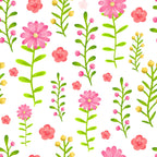 handdrawn, pink flowers, floral pattern, botanical design, watercolor style, coral blooms, yellow buds, green stems, leaves, daisy flowers, small blossoms, spring motif, feminine design,, fabric panel, delicate florals, pastel colors, scattered flowers, nature pattern, crafting material