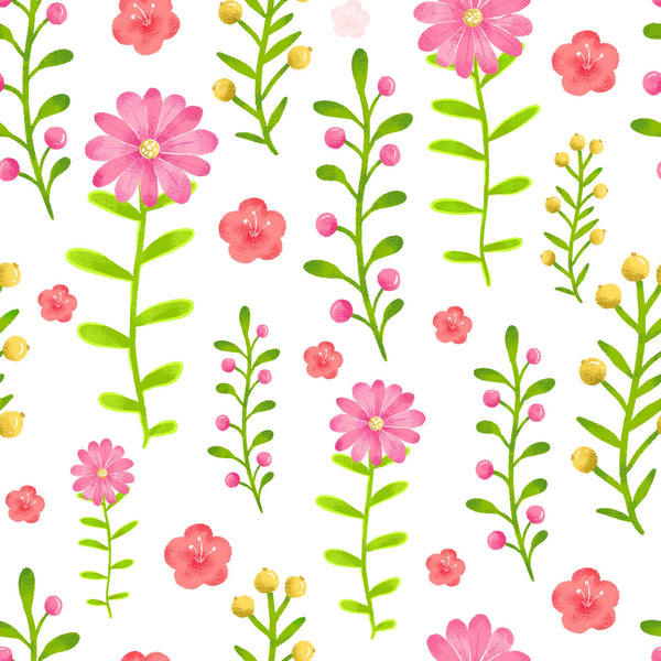 handdrawn, pink flowers, floral pattern, botanical design, watercolor style, coral blooms, yellow buds, green stems, leaves, daisy flowers, small blossoms, spring motif, feminine design,, fabric panel, delicate florals, pastel colors, scattered flowers, nature pattern, crafting material