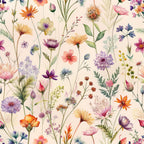 wildflowers, botanical pattern, floral design, watercolor style, purple flowers, orange blooms, pink blossoms, coral petals, lavender hues, green stems, cream background, delicate artwork, meadow flowers,, fabric panel, nature motifs, soft pastels, whimsical florals, garden blooms, spring flowers