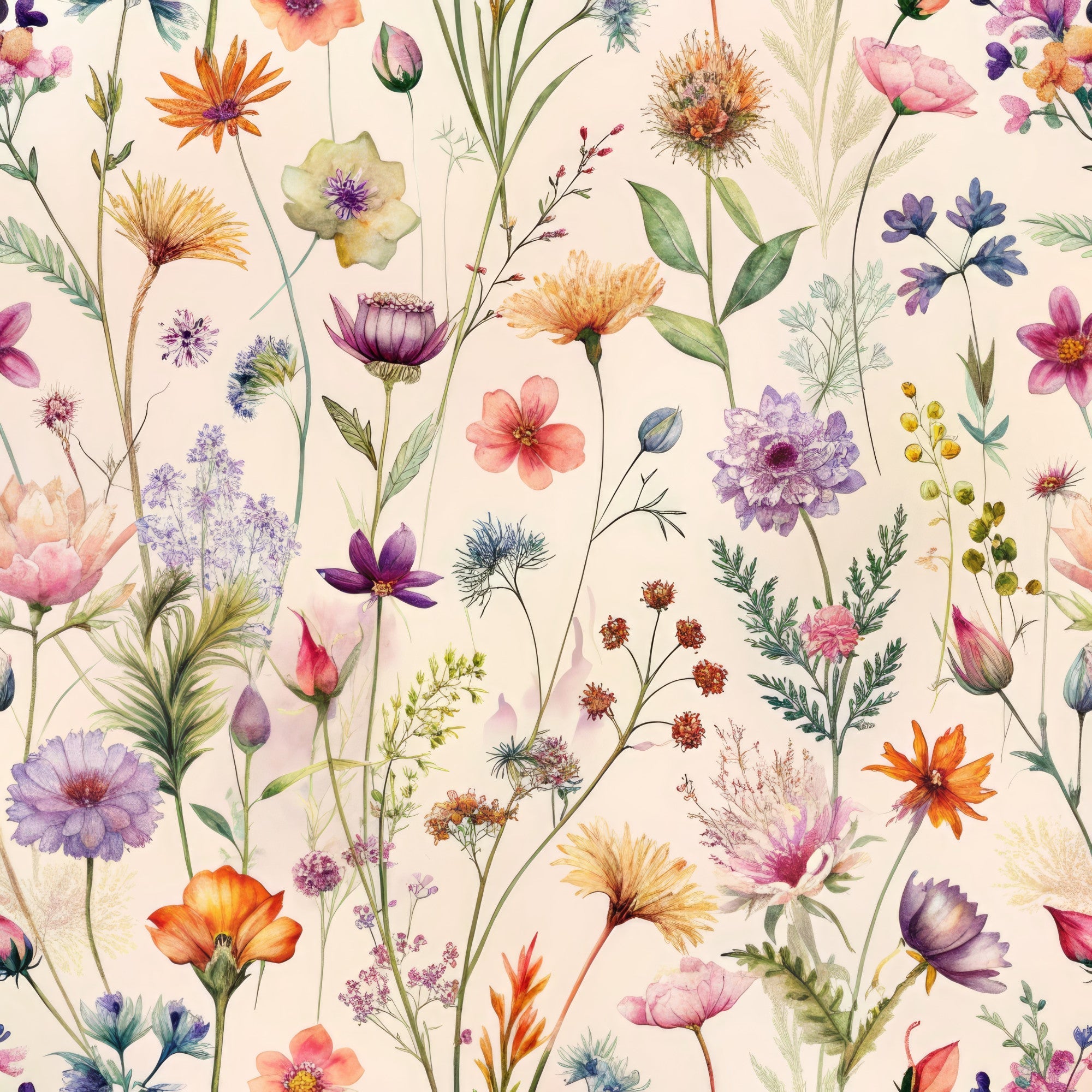 wildflowers, botanical pattern, floral design, watercolor style, purple flowers, orange blooms, pink blossoms, coral petals, lavender hues, green stems, cream background, delicate artwork, meadow flowers,, fabric panel, nature motifs, soft pastels, whimsical florals, garden blooms, spring flowers