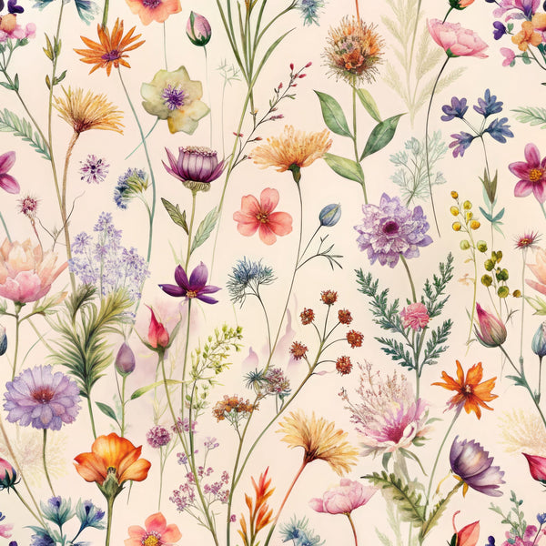 wildflowers, botanical pattern, floral design, watercolor style, purple flowers, orange blooms, pink blossoms, coral petals, lavender hues, green stems, cream background, delicate artwork, meadow flowers,, fabric panel, nature motifs, soft pastels, whimsical florals, garden blooms, spring flowers