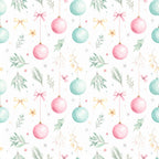 blush pink, mint green, soft pastels, watercolor, botanical, floral, nature, holiday, christmas, festive, ornaments, baubles, bows, ribbons, delicate, whimsical, elegant, gentle, soft, dreamy, nursery, baby, children's, decorative, seasonal, winter, celebration, gilded accents, gold ribbon, greenery