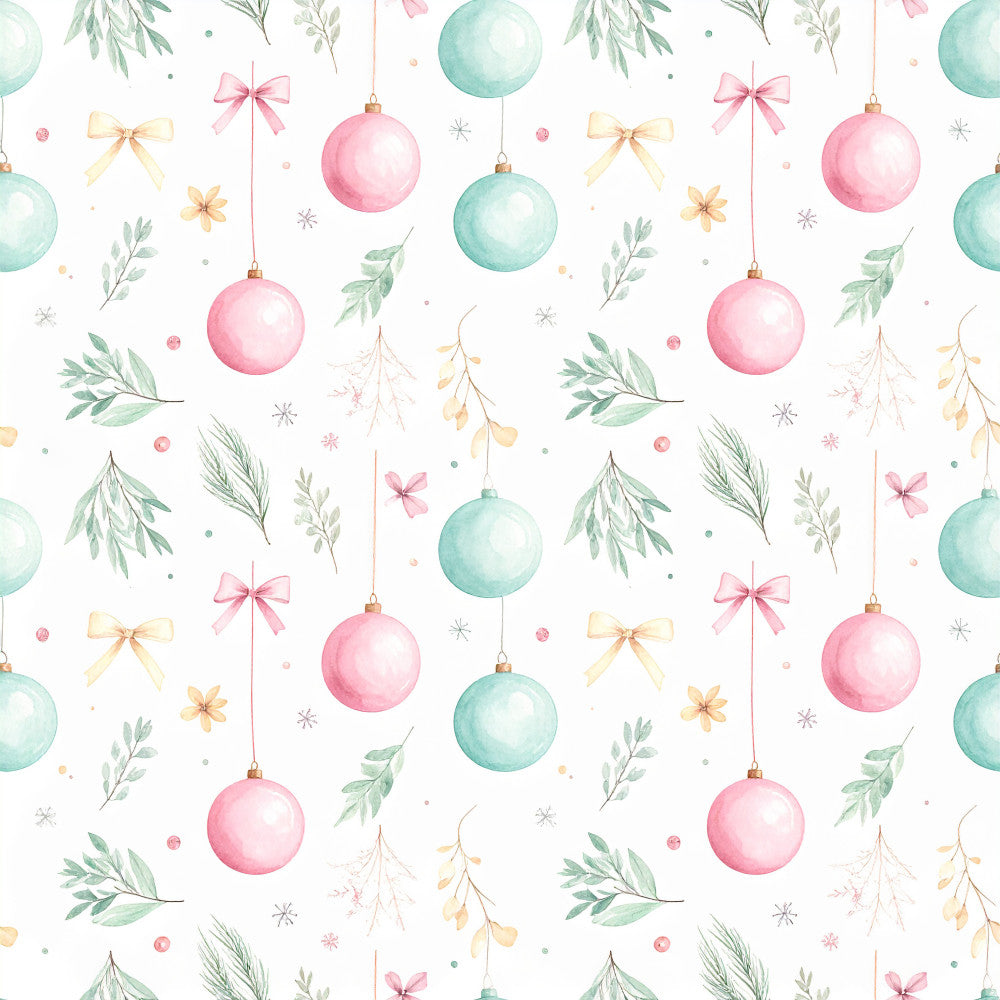 blush pink, mint green, soft pastels, watercolor, botanical, floral, nature, holiday, christmas, festive, ornaments, baubles, bows, ribbons, delicate, whimsical, elegant, gentle, soft, dreamy, nursery, baby, children's, decorative, seasonal, winter, celebration, gilded accents, gold ribbon, greenery
