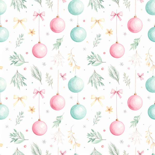 blush pink, mint green, soft pastels, watercolor, botanical, floral, nature, holiday, christmas, festive, ornaments, baubles, bows, ribbons, delicate, whimsical, elegant, gentle, soft, dreamy, nursery, baby, children's, decorative, seasonal, winter, celebration, gilded accents, gold ribbon, greenery