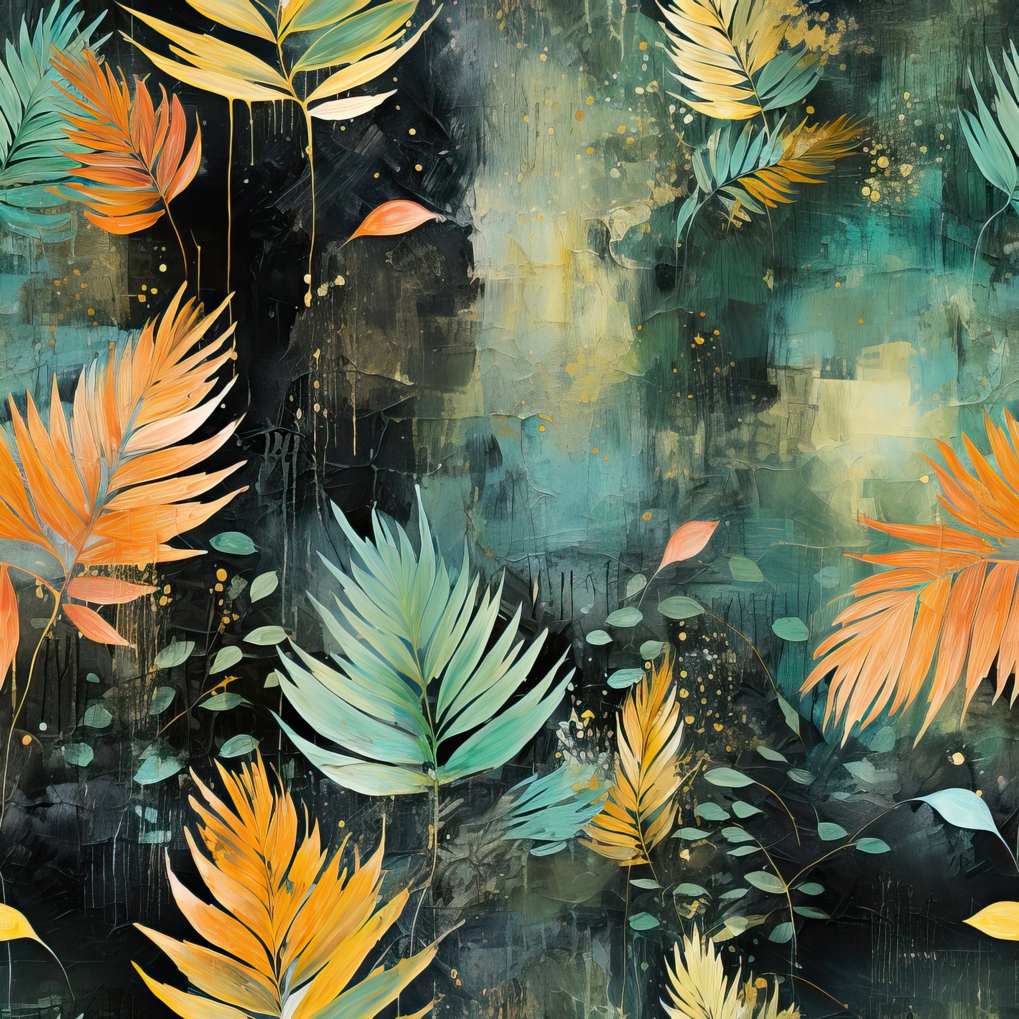 tropical leaves, palm fronds, autumn colors, orange foliage, teal background, golden yellow, sage green, abstract botanical, layered textures, painterly style, distressed finish, nature motif,, fabric panel, artistic watercolor, moody atmosphere, scattered dots, organic shapes, mixed media look