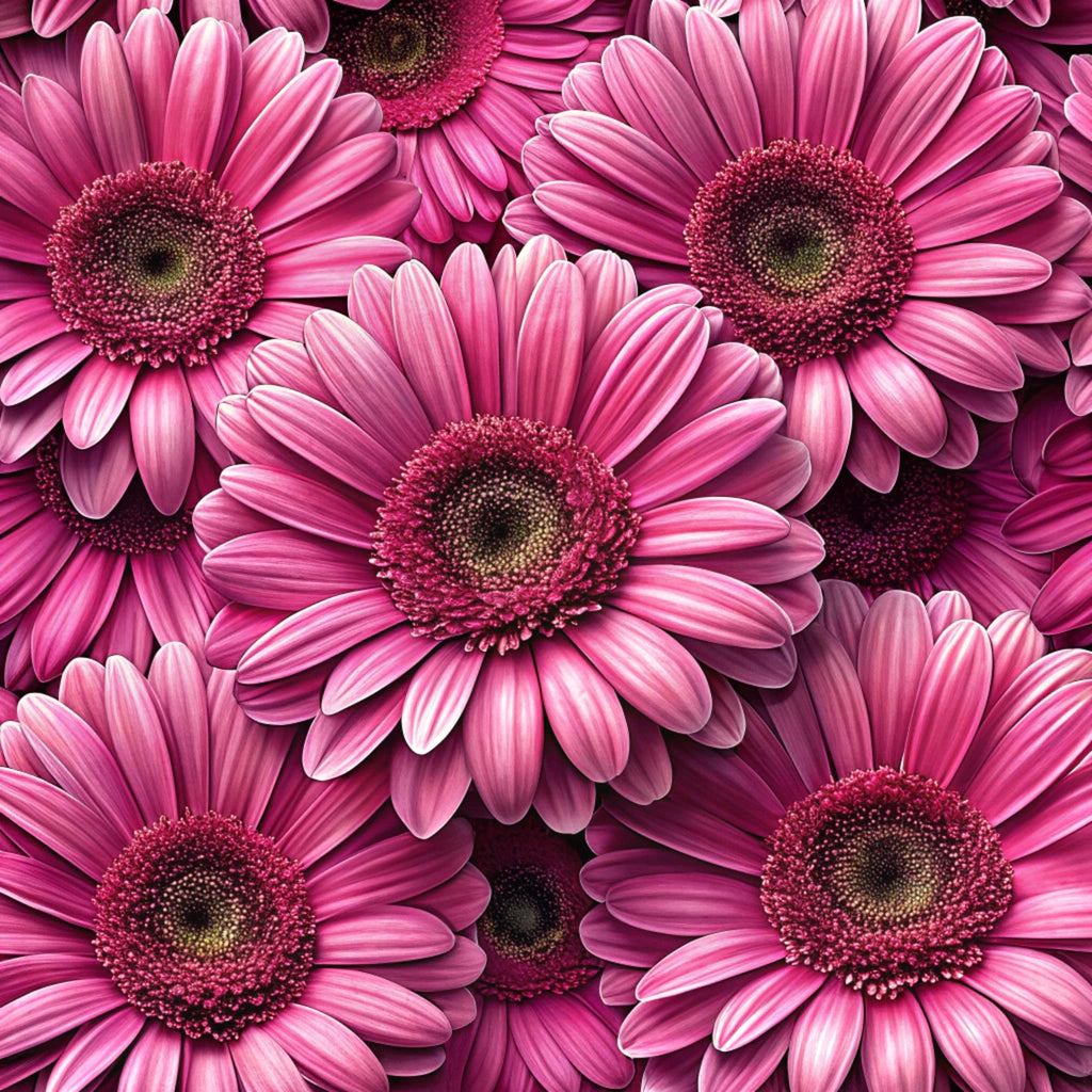 pink flowers, magenta petals, fuchsia blooms, gerbera daisies, realistic floral, botanical pattern, flower centers, layered petals, vibrant pink,, fabric panel, floral design, nature motif, spring flowers, seamless pattern, photorealistic style, garden flowers, bright colors, cotton fabric, quilting material