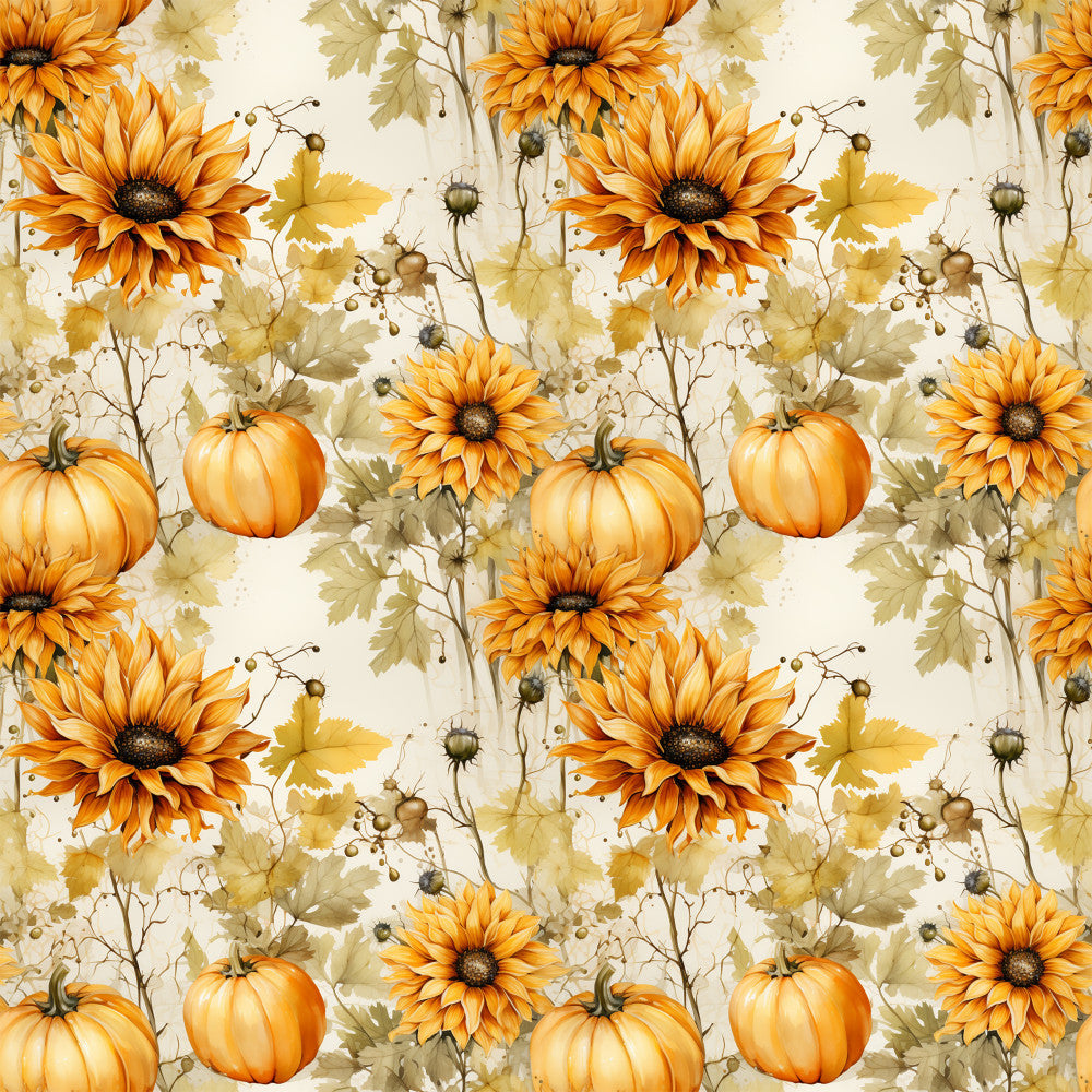 golden yellow, burnt orange, cream, sage green, olive green, floral, sunflowers, pumpkins, autumn, fall, harvest, nature, botanical, farmhouse, rustic, traditional, vintage, thanksgiving, seasonal, pumpkin patch, garden, leaves, seed pods, warm tones, earthy, country style, home decor, traditional floral