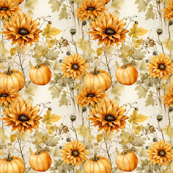 golden yellow, burnt orange, cream, sage green, olive green, floral, sunflowers, pumpkins, autumn, fall, harvest, nature, botanical, farmhouse, rustic, traditional, vintage, thanksgiving, seasonal, pumpkin patch, garden, leaves, seed pods, warm tones, earthy, country style, home decor, traditional floral