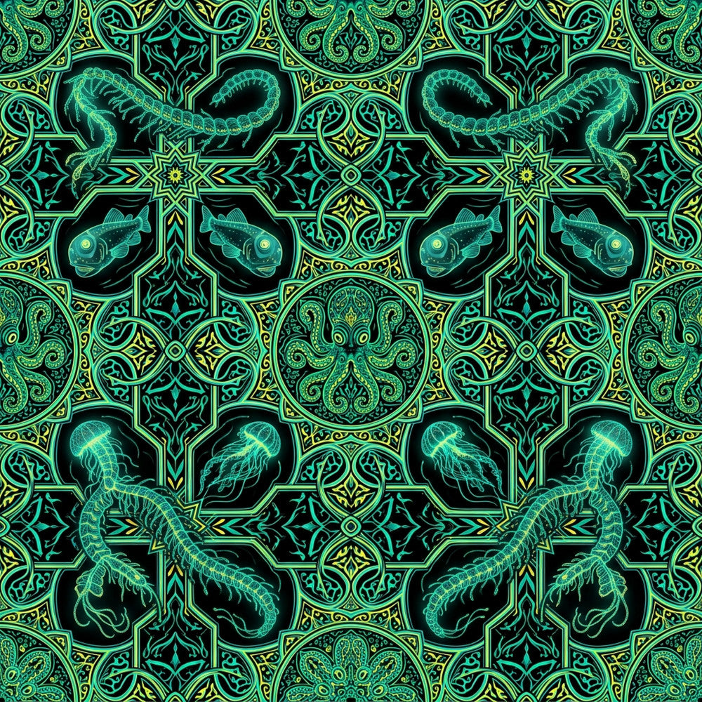 neon green, turquoise, lime green, yellow-green, black, glow-in-the-dark, bioluminescent, sea creatures, jellyfish, seahorses, fish, octopus, tentacles, ocean, deep sea, marine life, nautical, gothic, dark, moody, mystical, celestial, magical, whimsical, ornate, decorative, intricate, symmetrical, damask, art deco