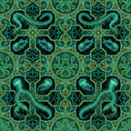neon green, turquoise, lime green, yellow-green, black, glow-in-the-dark, bioluminescent, sea creatures, jellyfish, seahorses, fish, octopus, tentacles, ocean, deep sea, marine life, nautical, gothic, dark, moody, mystical, celestial, magical, whimsical, ornate, decorative, intricate, symmetrical, damask, art deco