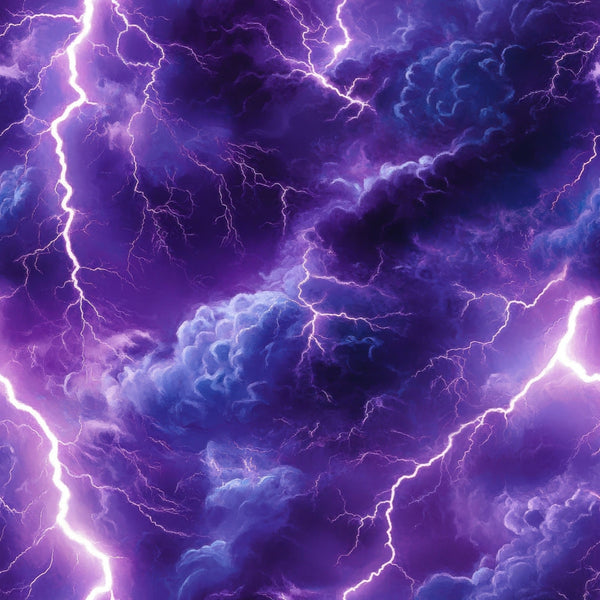 purple, violet, blue, lightning bolts, thunderstorm, storm clouds, electric, dramatic sky, weather pattern,, fabric panel, nature, atmospheric, stormy, electrical, thunder, meteorological, tempest, storm system, turbulent clouds