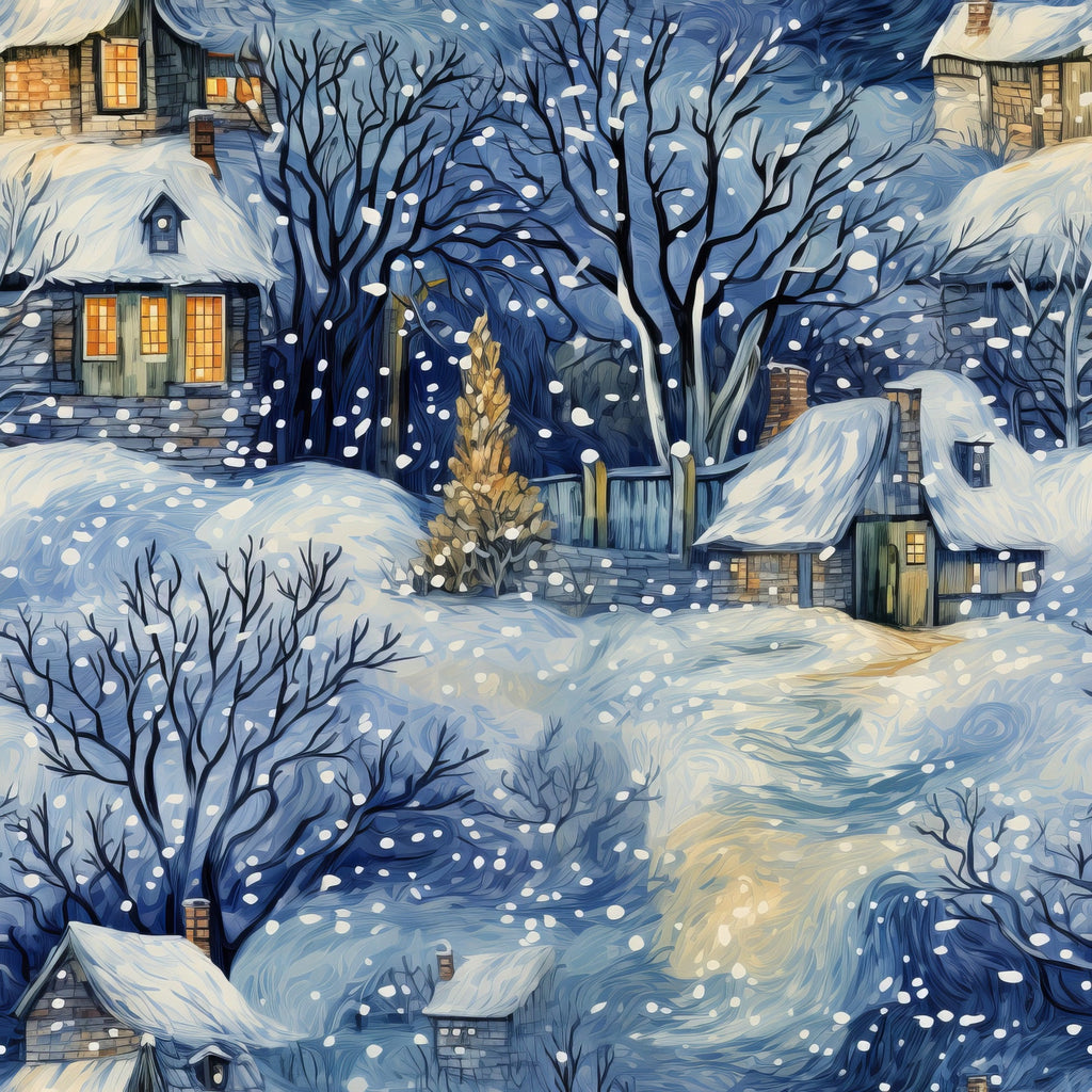 winter scene, snowy landscape,, fabric panel, deep blue, navy blue, white snow, golden yellow, warm orange, cozy houses, bare trees, falling snow, village scene, swirling sky, illuminated windows, snow-covered roofs, winding path, winter night, pastoral setting, cotton fabric