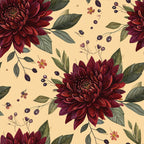 burgundy floral, deep red flowers, wine red, cream background, sage green leaves, dark purple berries, botanical, vintage floral, elegant, traditional, romantic, garden flowers, dahlias, berries and branches, nature-inspired, autumn colors, fall palette, feminine, classic floral, ornate petals, decorative foliage, timeless pattern, sophisticated, heritage design, jewel tones, muted florals, heirloom style