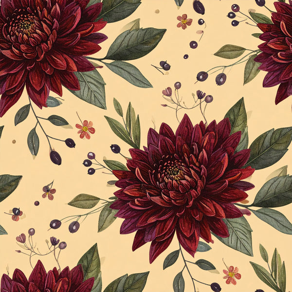 burgundy floral, deep red flowers, wine red, cream background, sage green leaves, dark purple berries, botanical, vintage floral, elegant, traditional, romantic, garden flowers, dahlias, berries and branches, nature-inspired, autumn colors, fall palette, feminine, classic floral, ornate petals, decorative foliage, timeless pattern, sophisticated, heritage design, jewel tones, muted florals, heirloom style