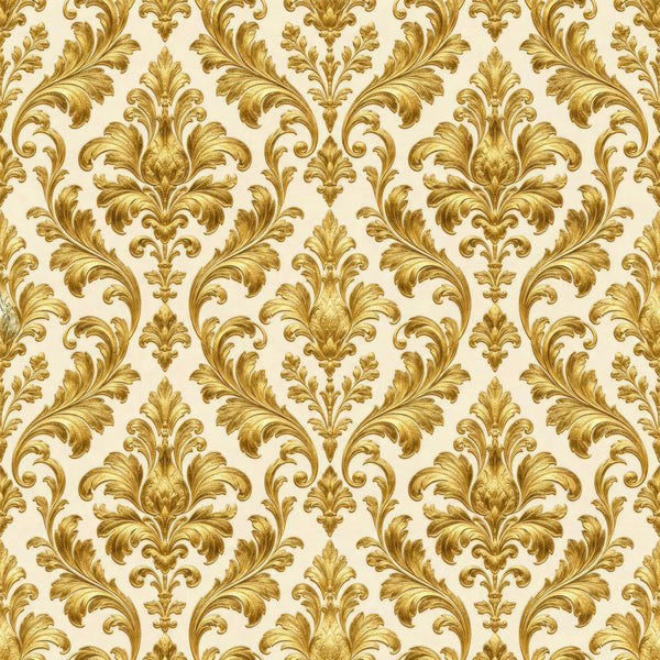 gold damask, cream damask, ivory damask, golden yellow, ornate floral, baroque pattern, victorian style, elegant, traditional, classic, luxury, scrolling leaves, acanthus leaves, symmetrical pattern, formal, sophisticated, timeless, ornamental, decorative, damask motif, botanical, architectural, upscale, vintage inspired, renaissance, neoclassical, dramatic, statement pattern, gold metallic