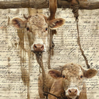 farm animals, cows, cattle, beige, tan, brown, cream, vintage style, cursive script, handwriting overlay, rope details, rustic farmhouse,, fabric panel, pastoral scene, country theme, agricultural motifs, sepia tones, weathered appearance