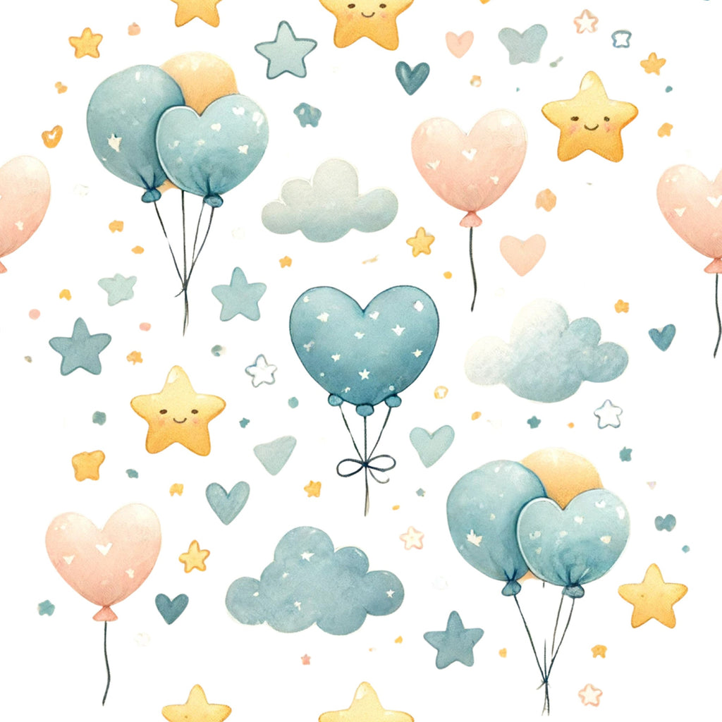 watercolor style, pastel colors, mint green, peach pink, soft yellow, heart balloons, star shapes, fluffy clouds, whimsical pattern, nursery theme, baby fabric,, cute characters, dreamy atmosphere, kawaii style, scattered design, balloon clusters, celestial motifs, soft pastels, children's fabric