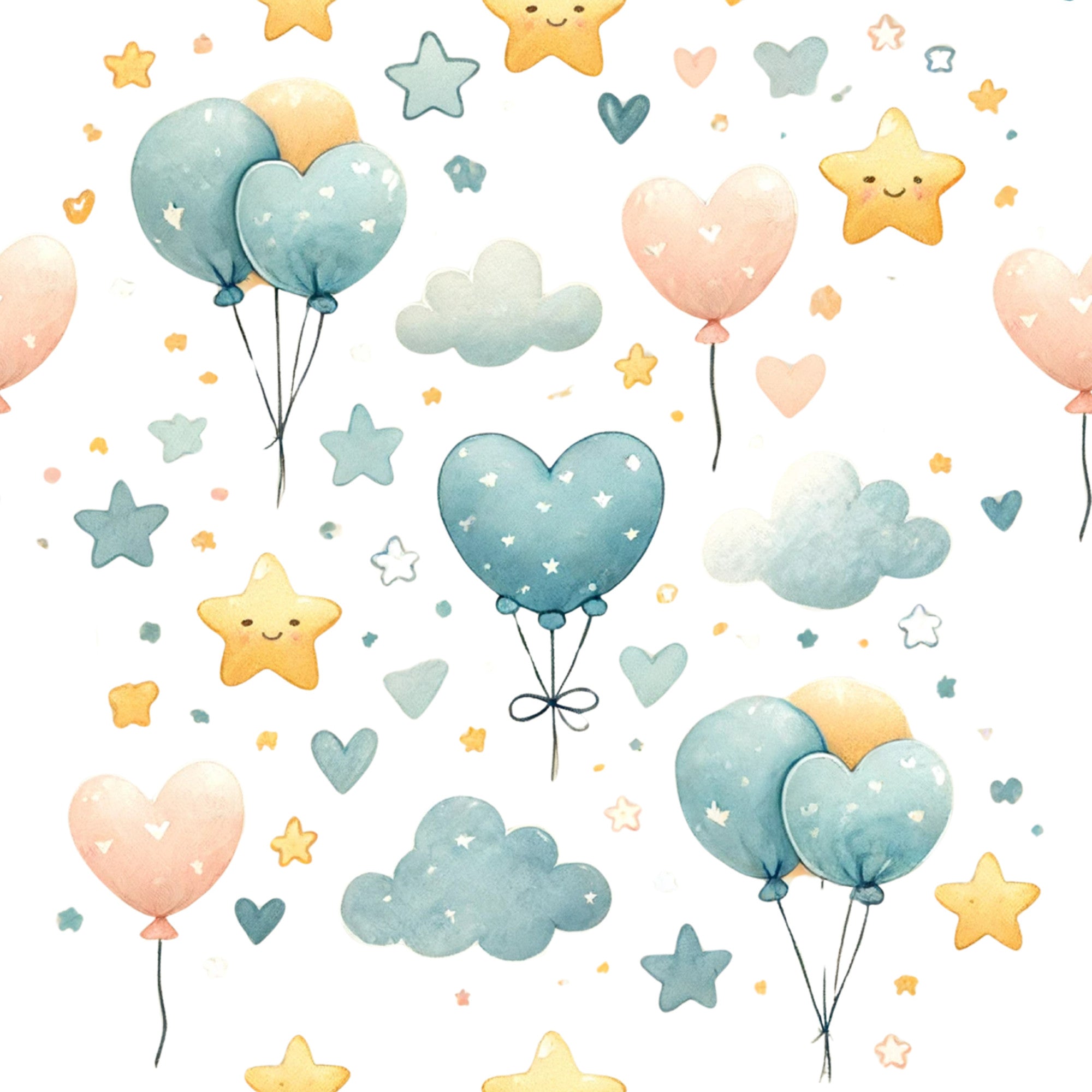 watercolor style, pastel colors, mint green, peach pink, soft yellow, heart balloons, star shapes, fluffy clouds, whimsical pattern, nursery theme, baby fabric,, cute characters, dreamy atmosphere, kawaii style, scattered design, balloon clusters, celestial motifs, soft pastels, children's fabric