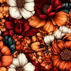burnt orange, cream, deep red, dark teal, floral, daisy, botanical, nature, garden, autumn, fall, warm tones, vibrant, traditional, elegant, vintage, large scale flowers, layered petals, detailed petals, rustic, cozy, harvest, thanksgiving, home decor, bedroom, living room, sophisticated floral