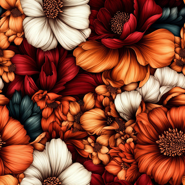 burnt orange, cream, deep red, dark teal, floral, daisy, botanical, nature, garden, autumn, fall, warm tones, vibrant, traditional, elegant, vintage, large scale flowers, layered petals, detailed petals, rustic, cozy, harvest, thanksgiving, home decor, bedroom, living room, sophisticated floral