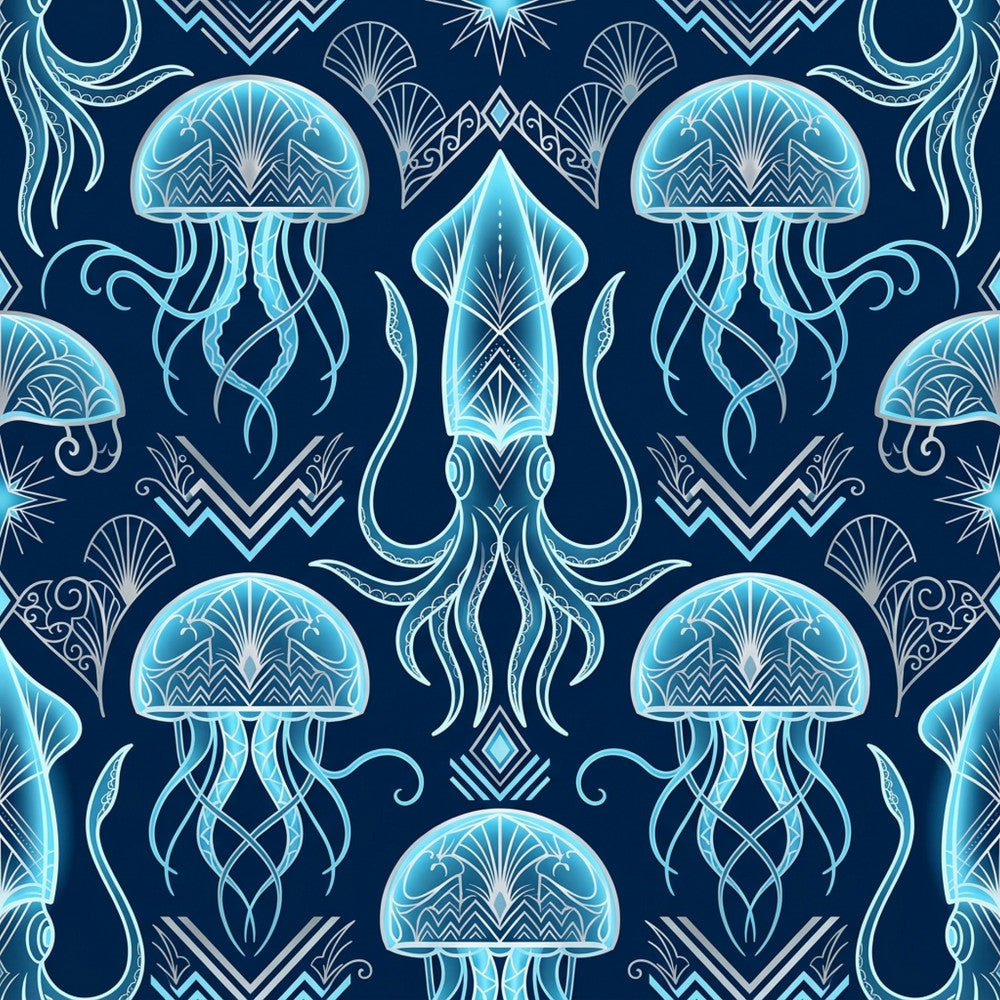 navy blue, ice blue, cyan, turquoise, bioluminescent, jellyfish, squid, octopus, nautical, ocean, sea creatures, marine life, underwater, celestial, geometric, art deco, damask, ornamental, elegant, whimsical, mystical, decorative patterns, fan motifs, shell designs, flowing tentacles, symmetrical, sophisticated, coastal theme, aquatic, glowing effects