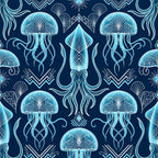 navy blue, ice blue, cyan, turquoise, bioluminescent, jellyfish, squid, octopus, nautical, ocean, sea creatures, marine life, underwater, celestial, geometric, art deco, damask, ornamental, elegant, whimsical, mystical, decorative patterns, fan motifs, shell designs, flowing tentacles, symmetrical, sophisticated, coastal theme, aquatic, glowing effects