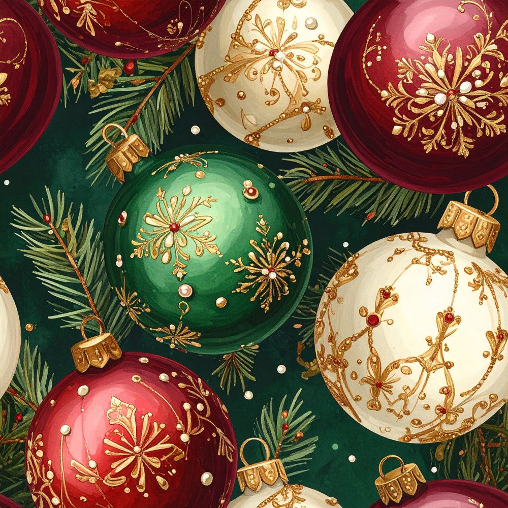 forest green, deep red, burgundy, cream, ivory, gold, metallic gold, ornaments, christmas, holiday, festive, elegant, traditional, vintage, snowflakes, evergreen branches, pine needles, baubles, decorative balls, winter, seasonal, upscale, luxe, formal, classic, refined, botanical, nature-inspired