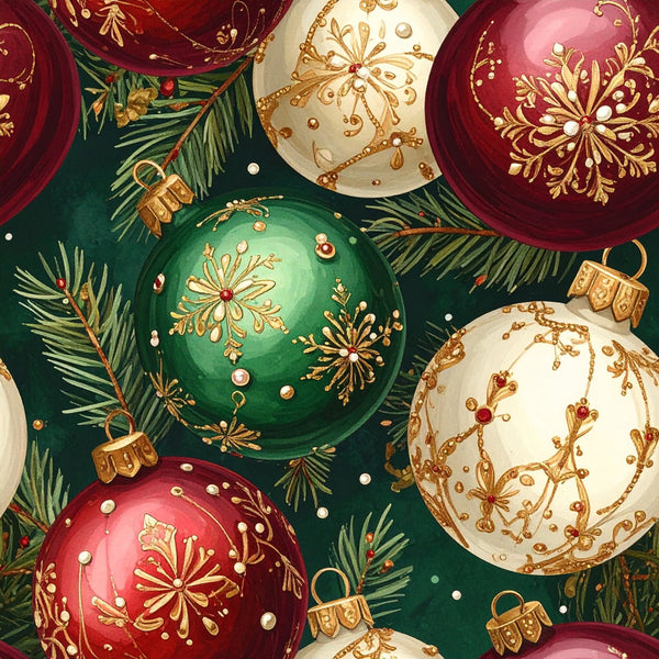 forest green, deep red, burgundy, cream, ivory, gold, metallic gold, ornaments, christmas, holiday, festive, elegant, traditional, vintage, snowflakes, evergreen branches, pine needles, baubles, decorative balls, winter, seasonal, upscale, luxe, formal, classic, refined, botanical, nature-inspired