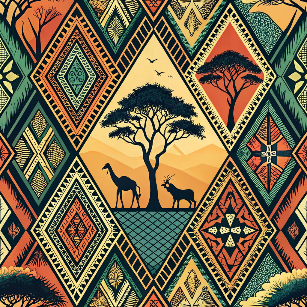african tribal, geometric patterns, diamond shapes, acacia trees, safari animals, giraffe silhouettes, antelope, warm earth tones, orange sunset, golden yellow, deep green, terracotta red, tribal motifs, savanna landscape,, fabric panel, ethnic designs, wildlife silhouettes, mountain backdrop, intricate borders