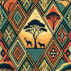 african tribal, geometric patterns, diamond shapes, acacia trees, safari animals, giraffe silhouettes, antelope, warm earth tones, orange sunset, golden yellow, deep green, terracotta red, tribal motifs, savanna landscape,, fabric panel, ethnic designs, wildlife silhouettes, mountain backdrop, intricate borders