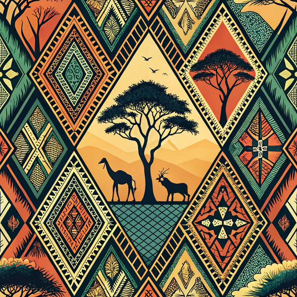 african tribal, geometric patterns, diamond shapes, acacia trees, safari animals, giraffe silhouettes, antelope, warm earth tones, orange sunset, golden yellow, deep green, terracotta red, tribal motifs, savanna landscape,, fabric panel, ethnic designs, wildlife silhouettes, mountain backdrop, intricate borders