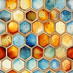watercolor, honeycomb, hexagonal pattern, geometric, orange, blue, yellow, amber, aqua, teal, cream, burnt orange, watercolor wash, abstract, organic shapes,, fabric panel, modern art, contemporary, flowing design, gradient colors, artistic cells
