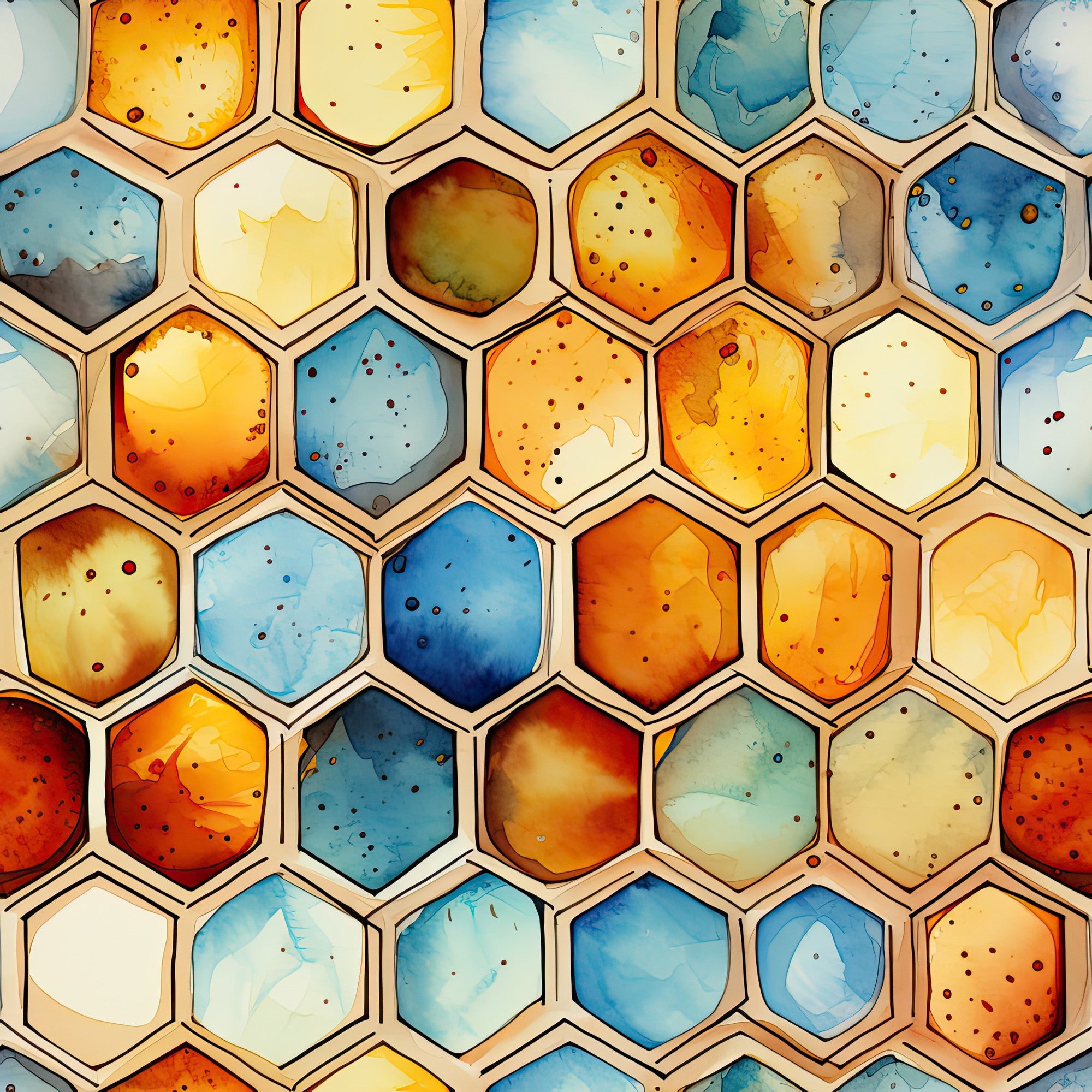 watercolor, honeycomb, hexagonal pattern, geometric, orange, blue, yellow, amber, aqua, teal, cream, burnt orange, watercolor wash, abstract, organic shapes,, fabric panel, modern art, contemporary, flowing design, gradient colors, artistic cells