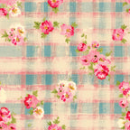 pink, coral, teal, cream, plaid pattern, floral motif, cottage flowers,, fabric panel, country style, vintage roses, gingham check, pastel blooms, green leaves, shabby chic, feminine design, craft fabric, patchwork material, romantic florals
