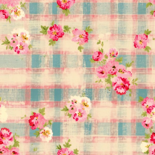 pink, coral, teal, cream, plaid pattern, floral motif, cottage flowers,, fabric panel, country style, vintage roses, gingham check, pastel blooms, green leaves, shabby chic, feminine design, craft fabric, patchwork material, romantic florals