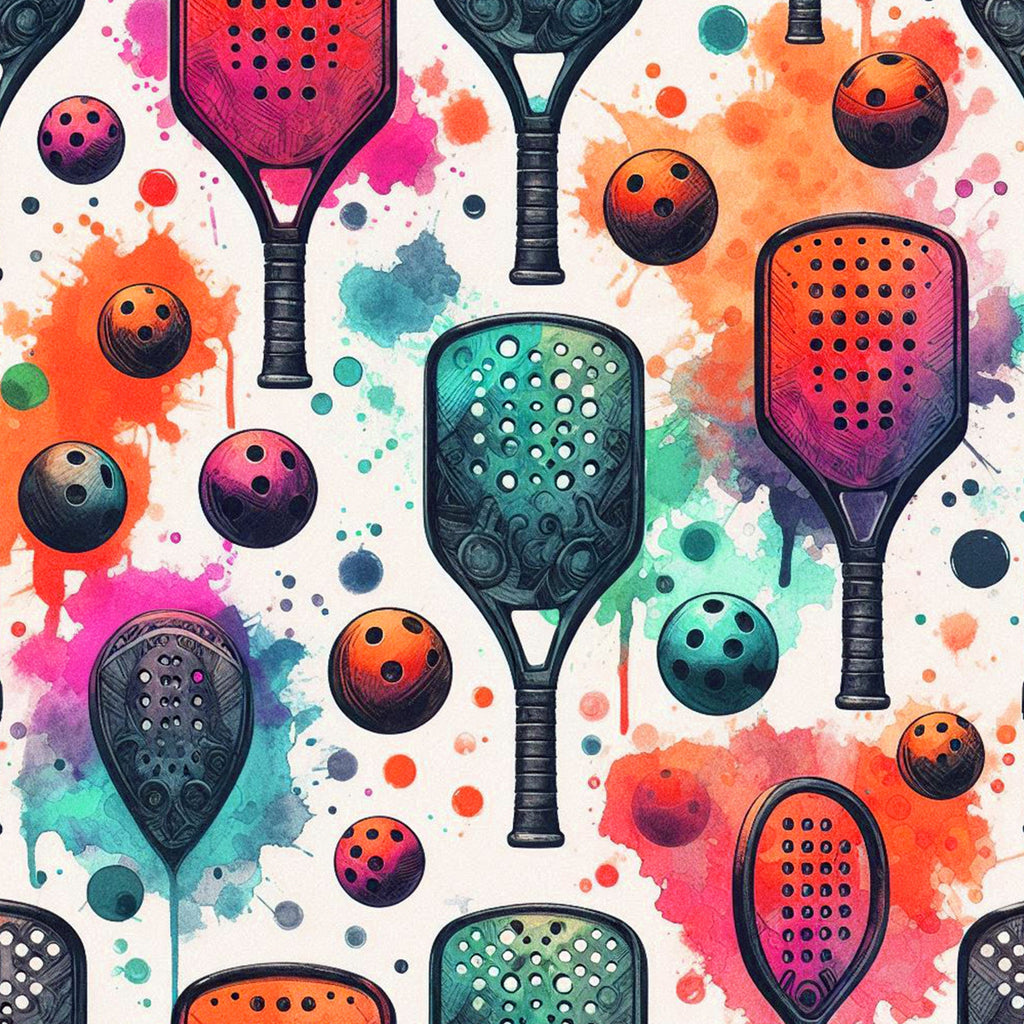 watercolor, pickleball, paddles, balls, sports equipment, athletic, colorful splashes, paint splatters, pink, orange, teal, purple, green, coral, vibrant colors, modern art style, contemporary design,, fabric panel, recreational sports, geometric holes, racquet sports