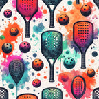 watercolor, pickleball, paddles, balls, sports equipment, athletic, colorful splashes, paint splatters, pink, orange, teal, purple, green, coral, vibrant colors, modern art style, contemporary design,, fabric panel, recreational sports, geometric holes, racquet sports