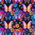 fantasy butterflies,, fabric panel, vibrant colors, purple butterflies, blue butterflies, orange butterflies, tropical flowers, pink flowers, yellow flowers, red flowers, black background, repeating pattern, colorful wings, floral motifs, nature design, bright colors, whimsical style, crafting fabric, sewing material