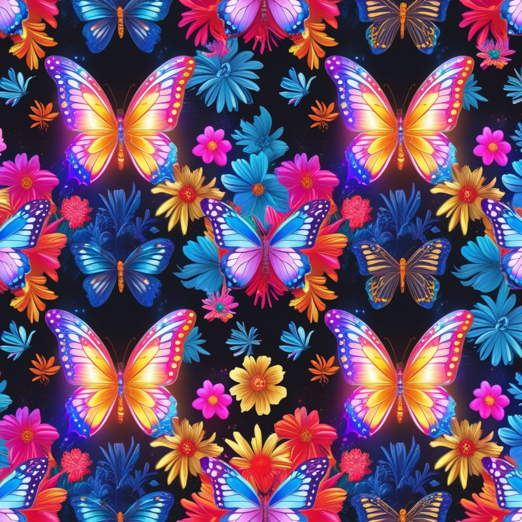 fantasy butterflies,, fabric panel, vibrant colors, purple butterflies, blue butterflies, orange butterflies, tropical flowers, pink flowers, yellow flowers, red flowers, black background, repeating pattern, colorful wings, floral motifs, nature design, bright colors, whimsical style, crafting fabric, sewing material