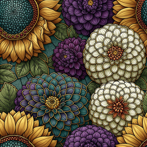 teal, purple, cream, gold, yellow, golden yellow, floral, dahlias, sunflowers, botanical, nature, vintage botanical, elegant, sophisticated, whimsical, detailed illustration, hand-drawn, ornate, garden flowers, multi-colored florals, jewel tones, rich colors, traditional, artistic, decorative, spring, summer, home decor